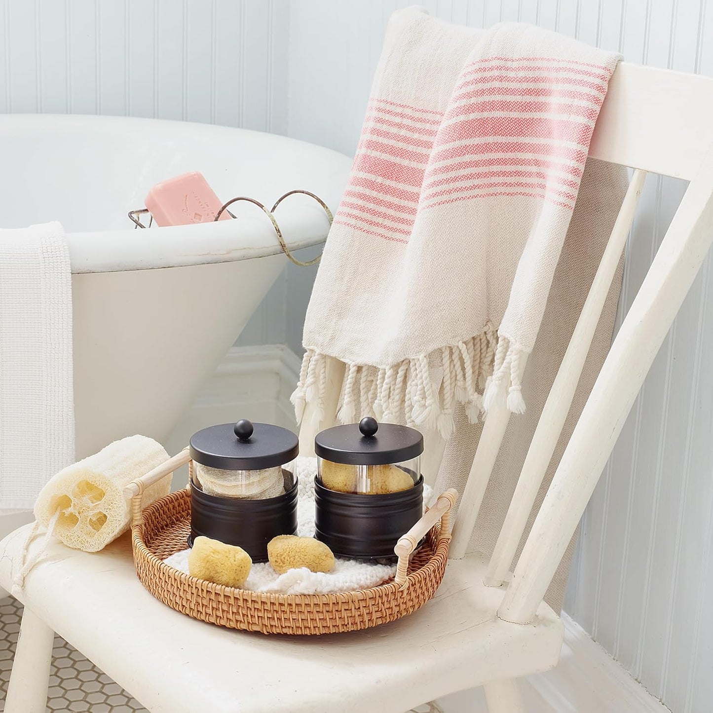 Deluxe Black Apothecary Jars Set, Black Bathroom Jars Qtip Holder Glass - Rustic Farmhouse Vanity Organizer for Bathroom Counter, Cotton Balls, Swabs, 2 Small Glass Jars with Lids
