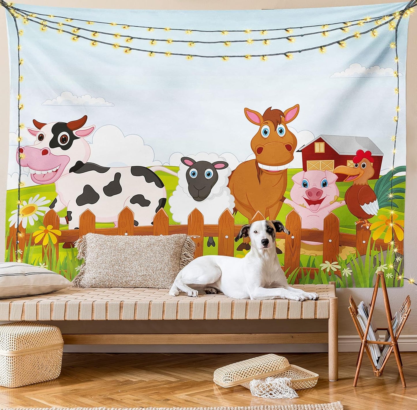 Animal Tapestry King Size, Farm Creatures Cow Horse Goat Pig and Chicken by the Fences Cartoon, Wall Hanging Bedspread Bed Cover Wall Decor, King Size, Pale Brown