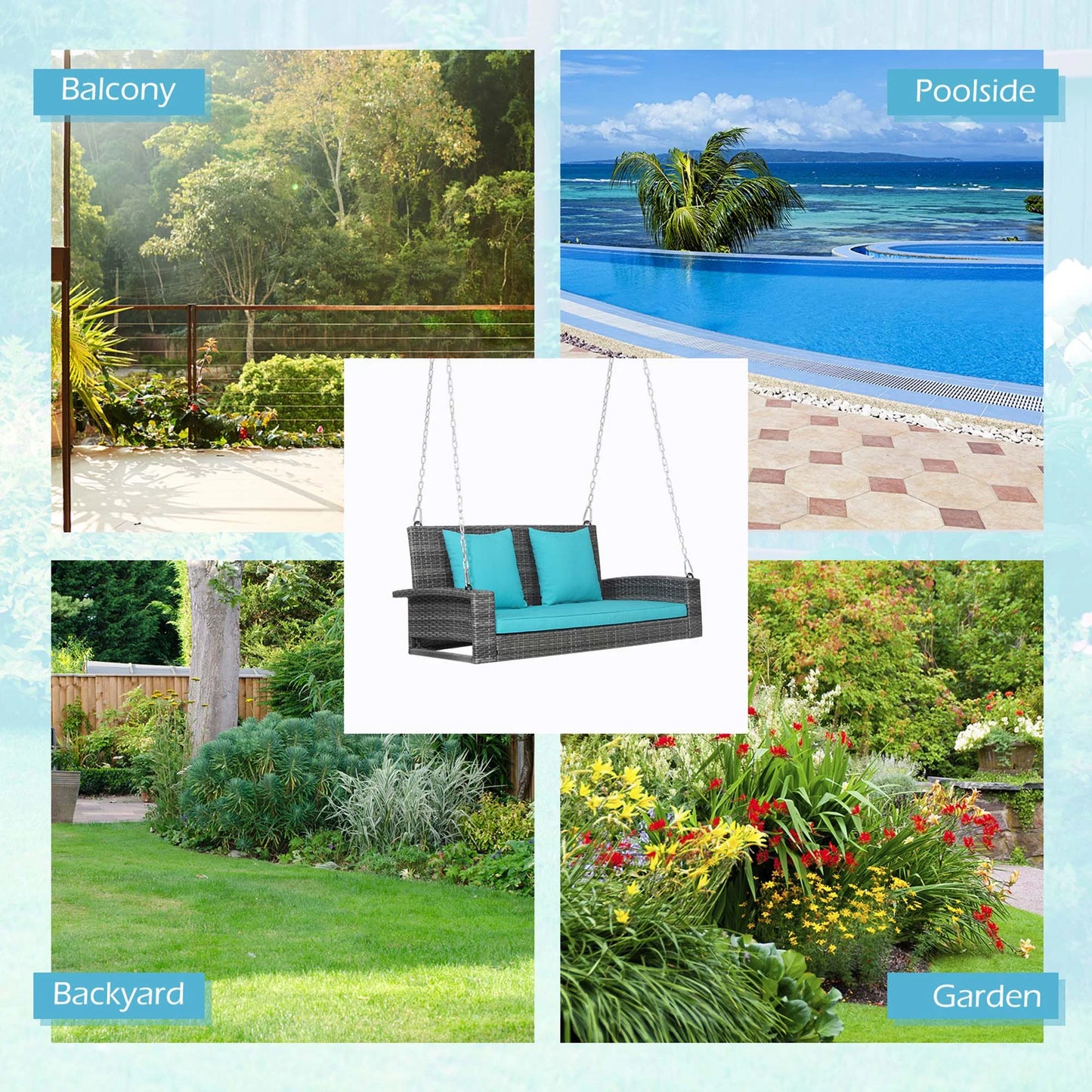Fashion 2-Person Patio Hanging Porch Swing Rattan 800LBS Swing Bench W/ Turquoise Cushions