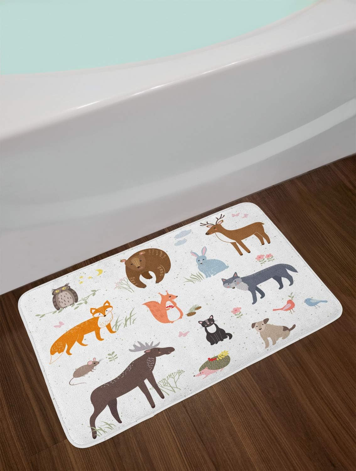 Cabin Bath Mat, Animals in the Springtime Meadow Woodland Fauna Room, Plush Bathroom Decor Mat with Non Slip Backing, 30.2" X 20", Umber Multicolor White