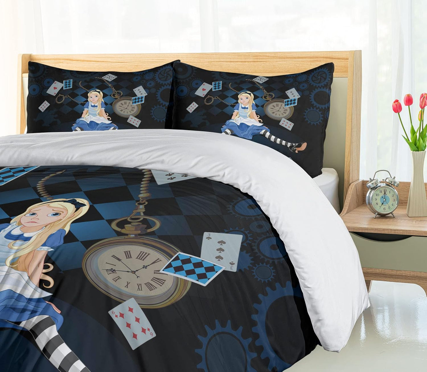 Alice in Wonderland Duvet Cover Set, Grown Giant Girl Sitting Flying Cards and Rose Checkered Cartoon, Decorative 3 Piece Bedding Set with 2 Pillow Shams, Queen Size, Dark Blue Sepia