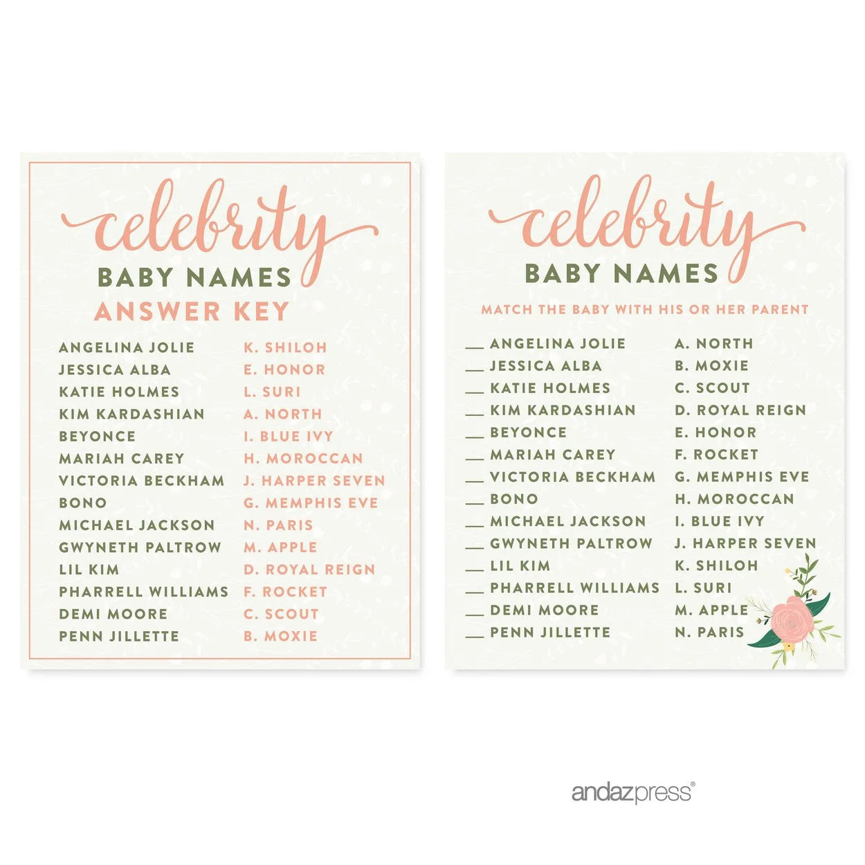 Celebrity Name Game Floral Roses Girl Baby Shower Game, 20-Pack