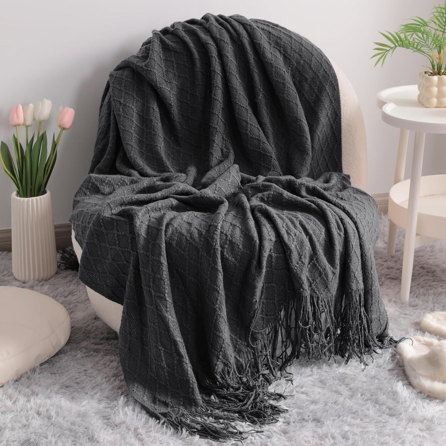 Acrylic Knitted Throw Blanket, Lightweight and Soft Cozy Decorative Woven Blanket with Tassels for Travel, Couch, Bed, Sofa, 51X67 Inches, Taupe Checkered