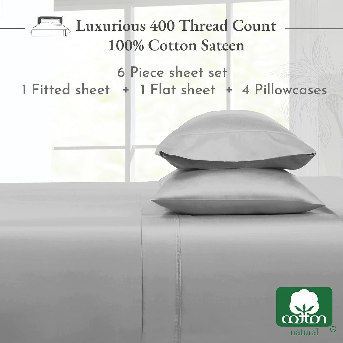 6-Pc King Size Sheet Set with 4 Pillowcases - Soft 400 Thread Count 100% Cotton Sheets, Cooling Sateen Weave, Luxury Deep Pocket Bedsheets Set - Light Grey