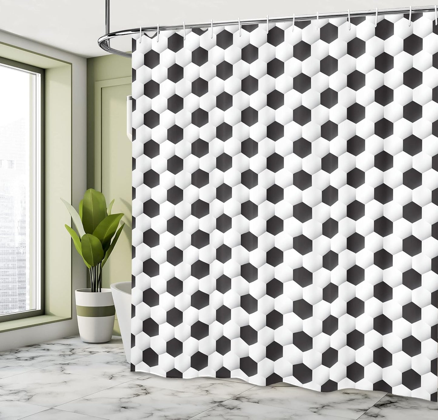 Sports Shower Curtain, Soccer Ball Vivid Pattern Athletic Sport Themed Geometrical Modern Design, Cloth Fabric Bathroom Decor Set with Hooks, 69" W X 75" L, White Grey