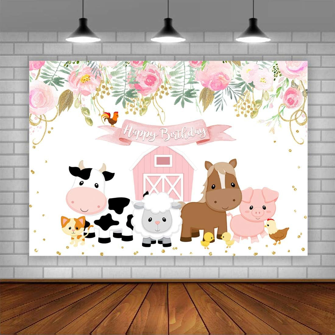 Pink Farm Animals Birthday Backdrop Little Princess Birthday Barnyard Theme Background Cute Farmhouse Flower Girls Birthday Newborn Baby Party Decorations Cake Table Banner 5X3Ft