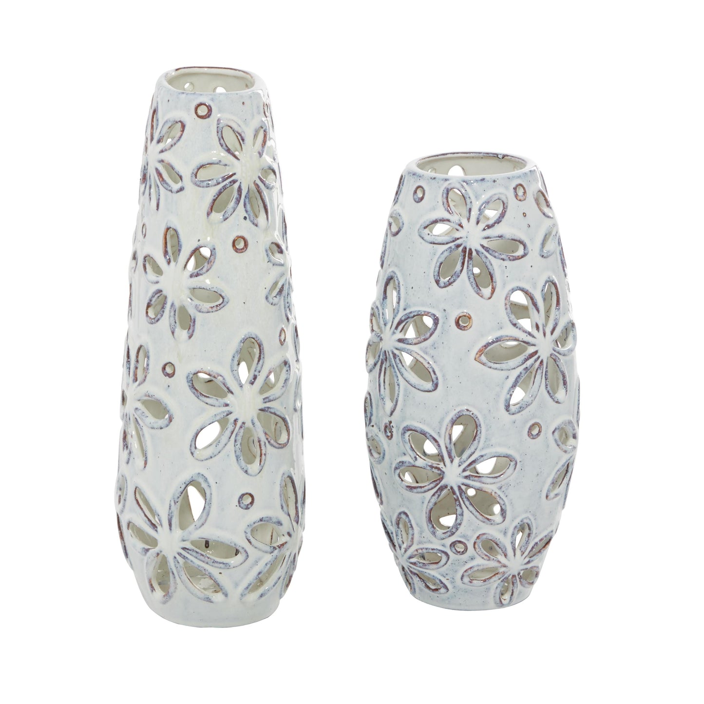 14", 11"H Floral Handmade Daisy Cut Out White Ceramic Vase, Set of 2
