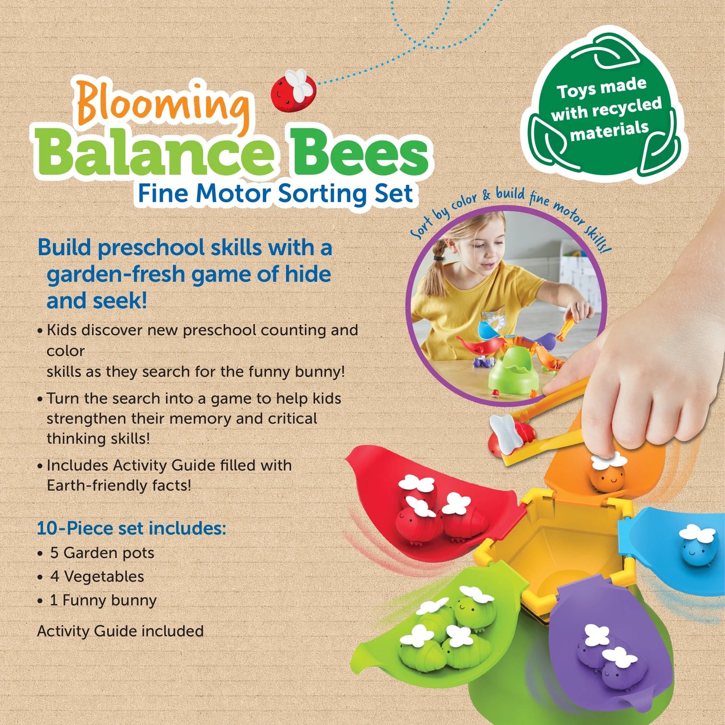 Blooming Balance Bees Fine Motor Sorting Set, 38 Pieces, Ages 3+, Preschool Learning Activities, Toddler Learning Toys 2-4, Montessori Toys, Sustainable Toys