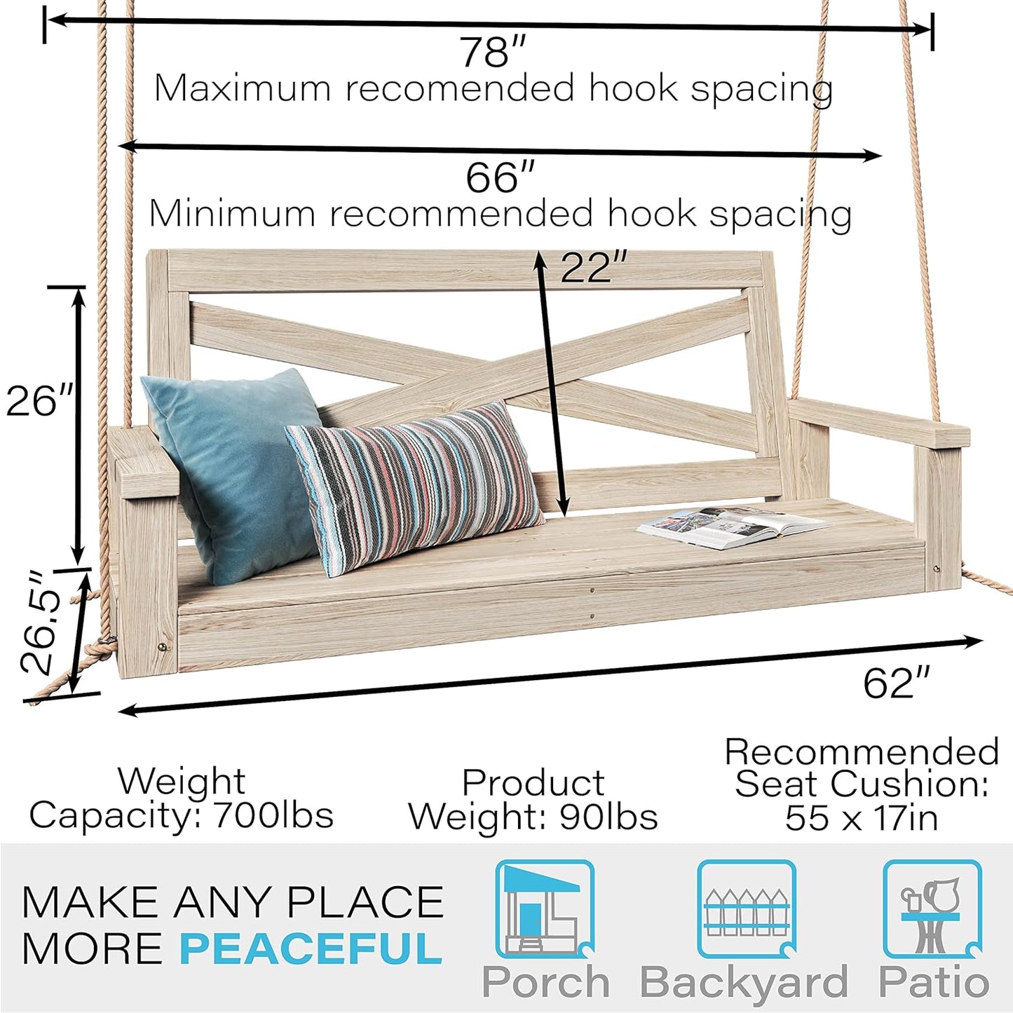 Amish Heavy Duty 700 Lb Boardwalk Porch Swing W/Ropes (5 Foot, Unfinished)