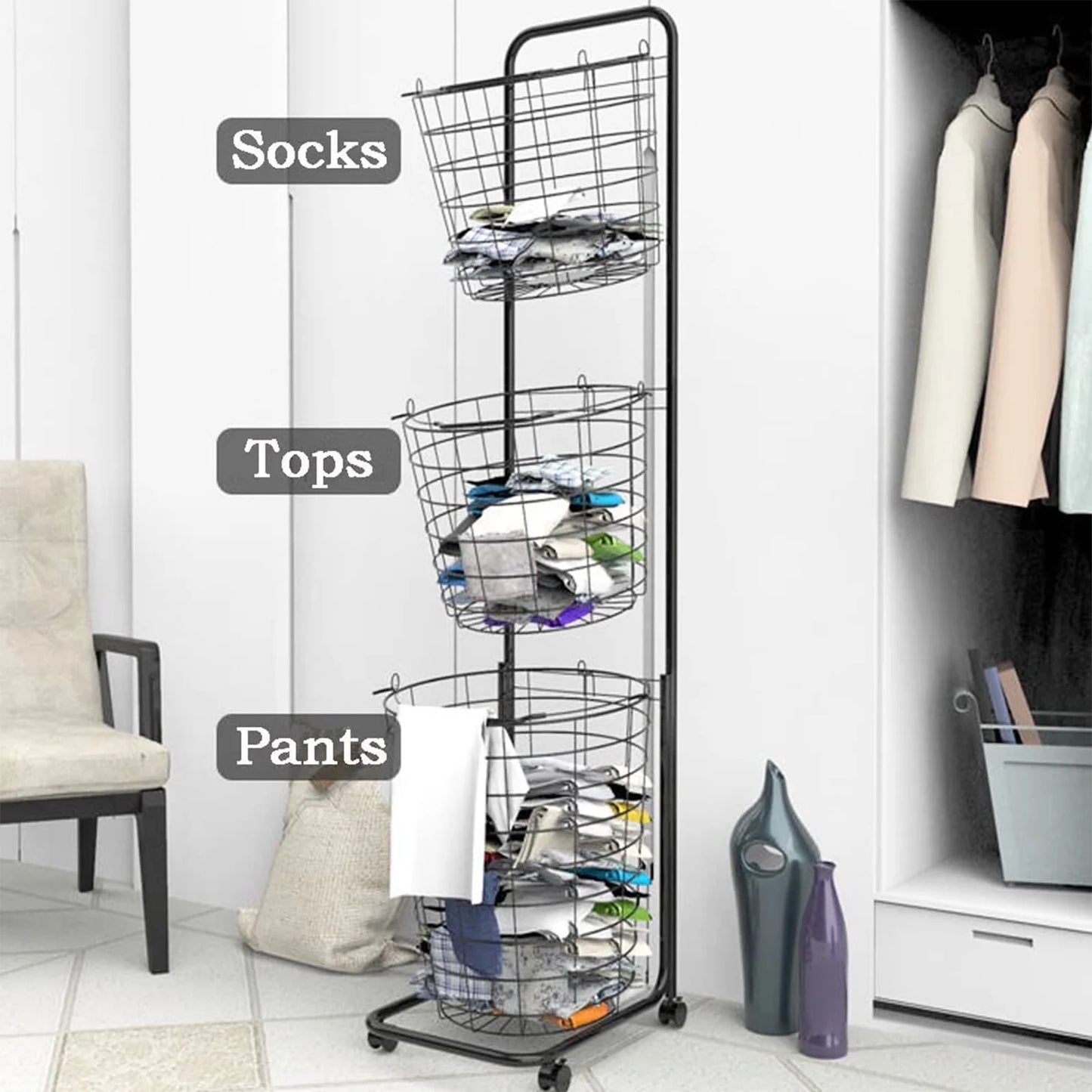 Removable 3 Tier Metal Rolling Laundry Basket Cart,Large Capacity Wire Basket Laundry Hamper with Wheels, Laundry Butler for Bathroom Bedroom Laundry Room, Black
