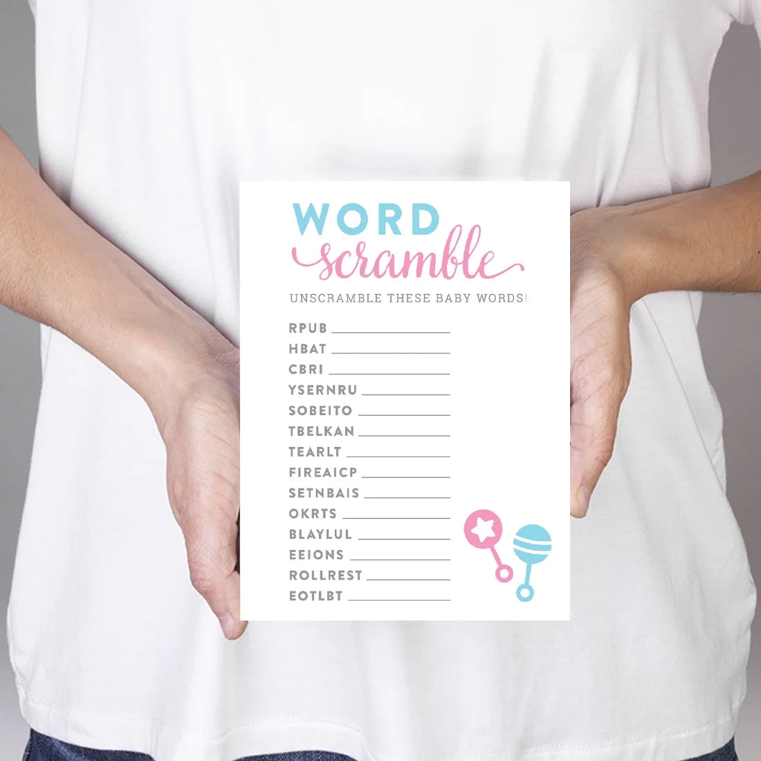 Word Scramble Team Pink/Blue Gender Reveal Baby Shower Paper Games, Favors 20PC