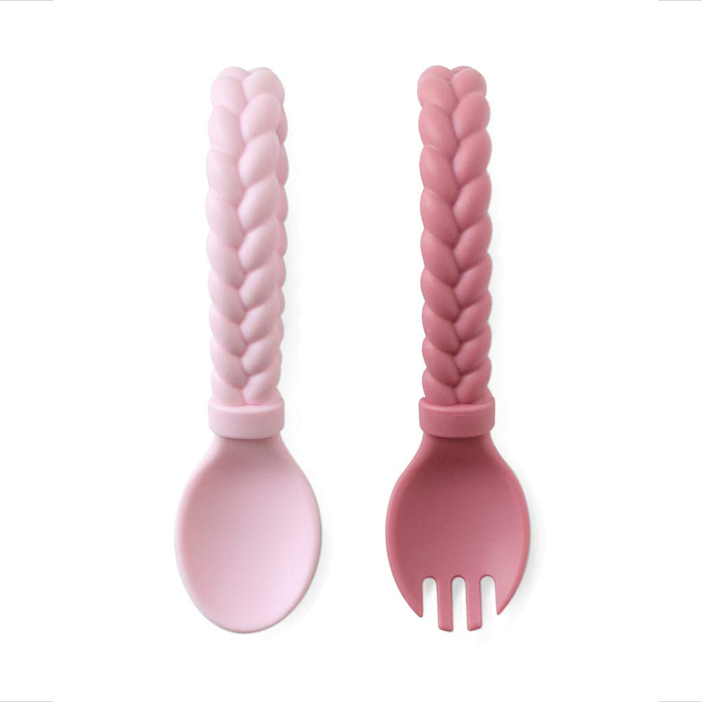 Silicone Spoon & Fork Set; Baby Utensils Featuring a Baby Fork and Spoon with Looped, Braided Handles - Made of 100% Food Grade Silicone & Bpa-Free - Ages 6 Months and up (Pink)
