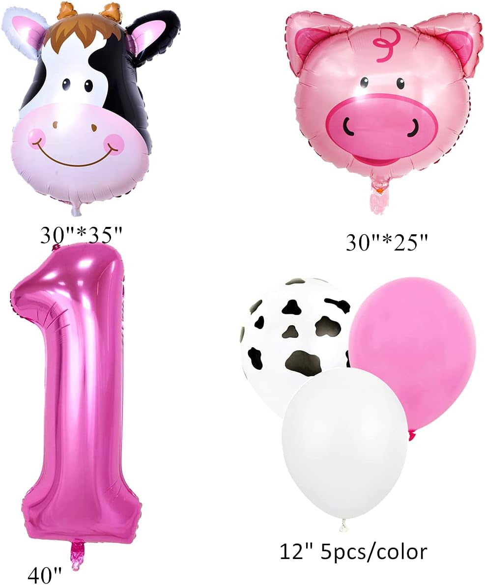 18Pcs Farm Animal Balloons for 1St Birthday Party Decorations Pig Cow Head First Farm Animal Theme Balloon Garland Arch 40" Number 1 Foil Balloon 12" Latex Balloon Baby Girl Shower Party Supplies