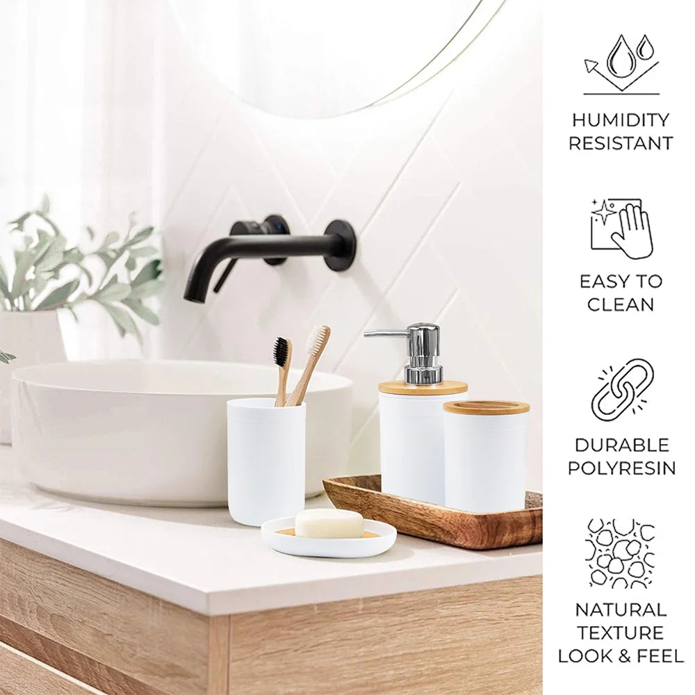 Bamboo Bathroom Accessory Set, 6 Pieces Bath Set- Soap Dish Toothbrush Holder Rinse Cup Lotion Bottle Trash Can Toilet Brush - Practical Toilet Kit for Home Washing Room,White