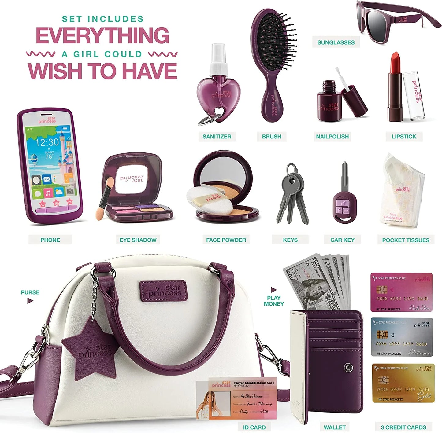 Play Purse for Girls and Toddlers - Realistic Purse and Complete Set of Pretend Play Accessories Including Toy Phone, Wallet, Credit Cards, Keys, Makeup for Role Playing Ages 3 4 5 6 7 8 Years and Up