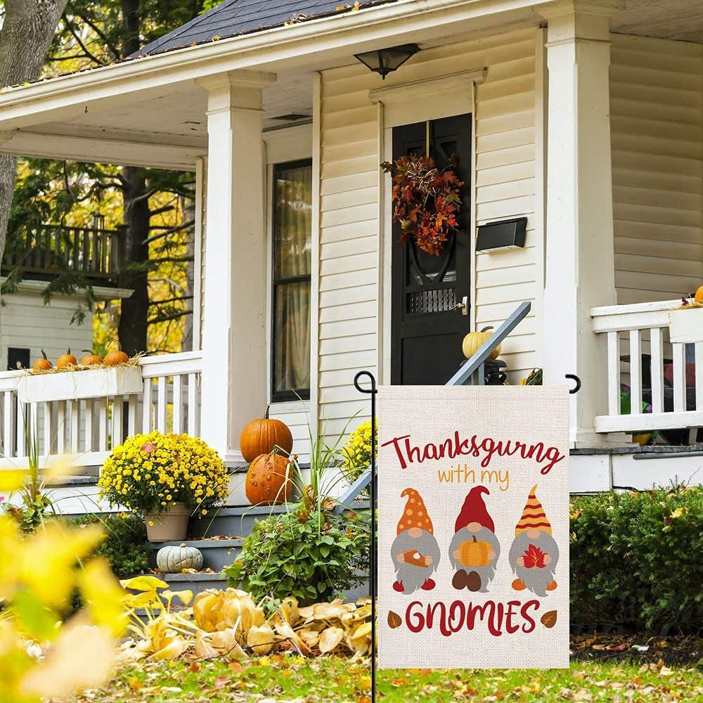 Thanksgiving Garden Flags for Outside,Fall Thankful Gnomes with Pumpkins Yard Flags,Small Seasonal Garden Decor for Rustic Farmhouse Lawn Outdoor Outside,12X18 Inch Double Sided