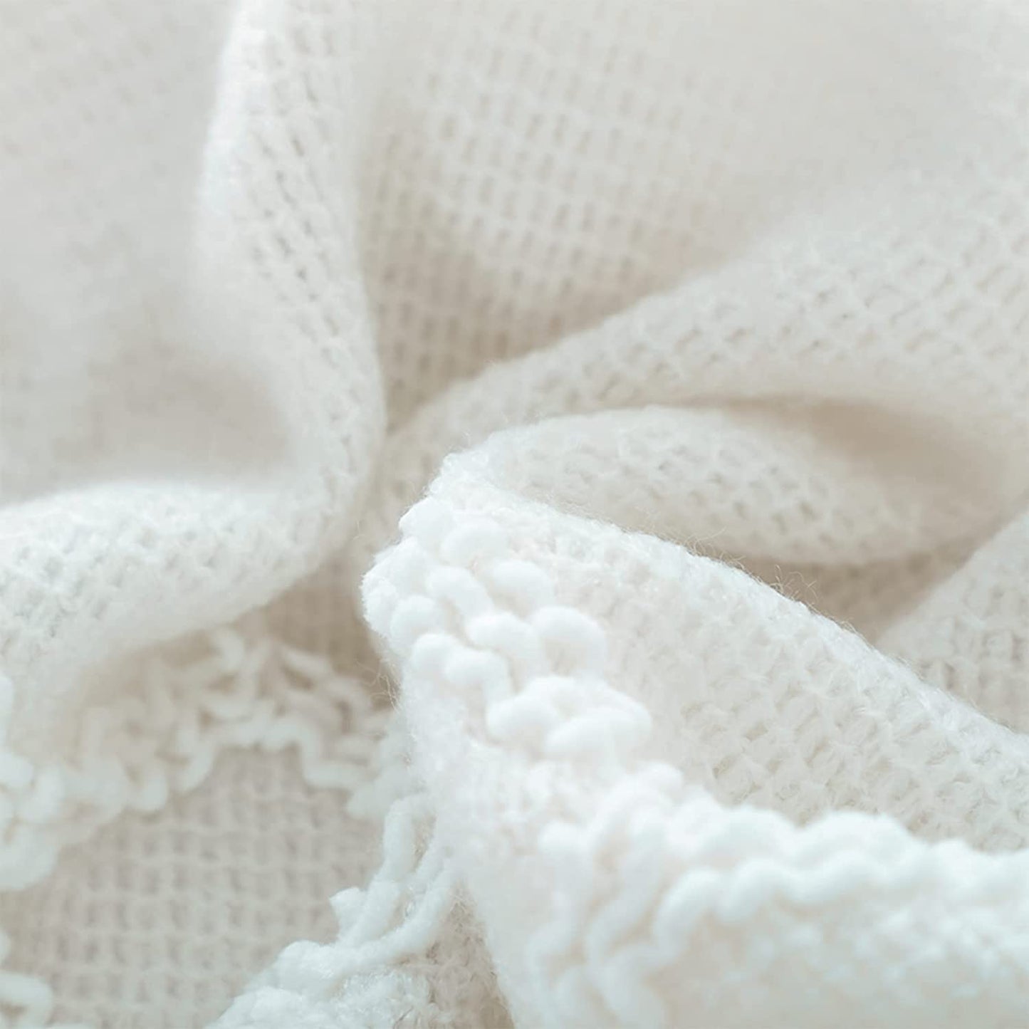 Fluffy Chenille Knitted Fringe Throw Blanket Lightweight Soft Cozy for Bed Sofa Chair Throw Blankets, Cream White 50" X 60"