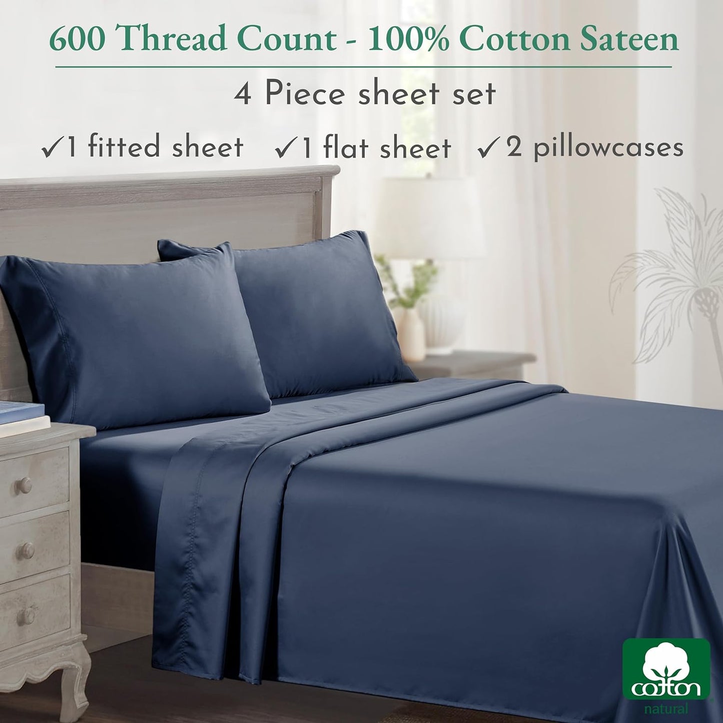 - Luxury Full Size Sheet Set - 100% Cotton, 600 Thread Count Deep Pocket Full Size Bed Sheets, Hotel-Quality Cooling Sheets with Sateen Weave - Royal Navy Blue