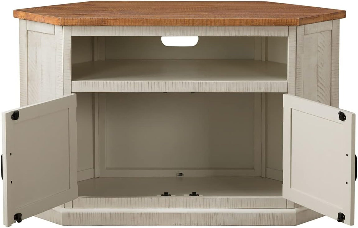 Martin Svensson Rustic Solid Wood TV Stand - Antique White and Honey Tobacco Finish - Hexagonal Shape and Farmhouse Design Entertainment Center with Shelves Included