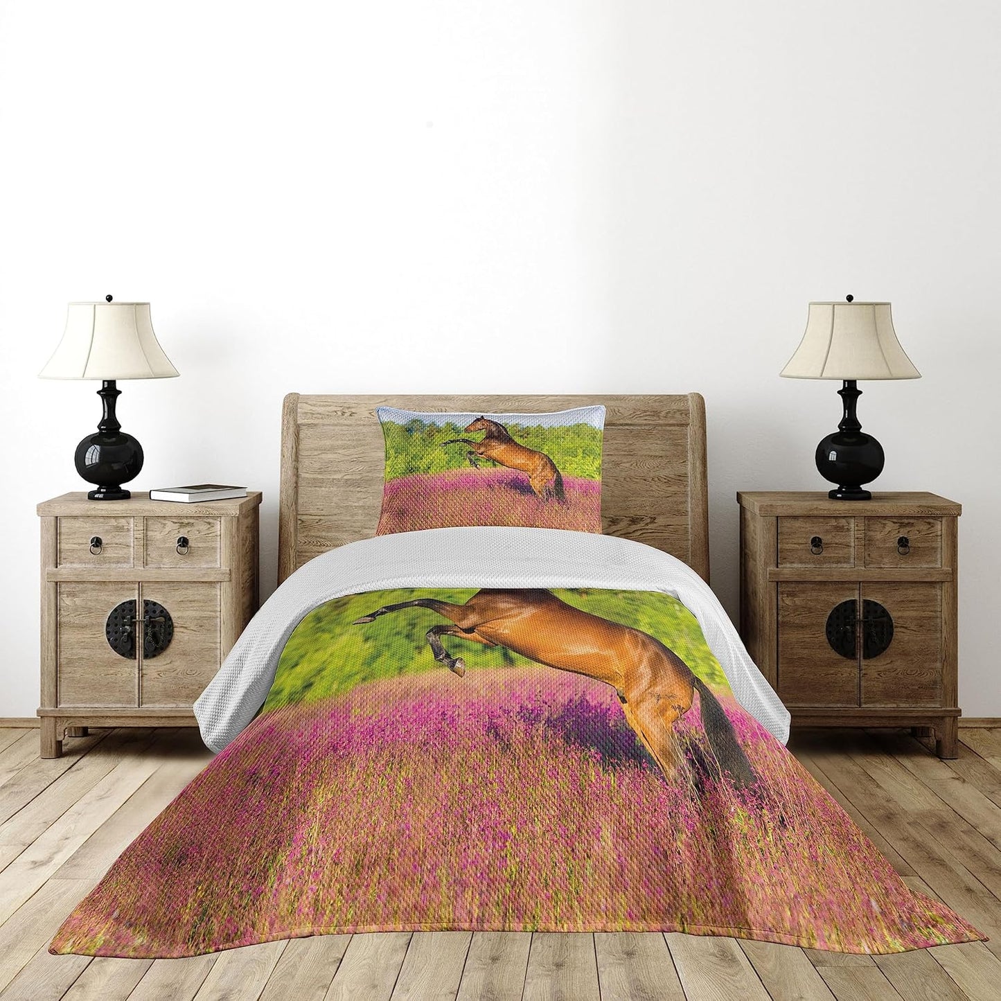 Horse Coverlet, Strong Bay Horse Rearing in Blossoming Rural Summer Field Trees, 2 Piece Decorative Quilted Bedspread Set with 1 Pillow Sham, Twin Size, Pink Brown