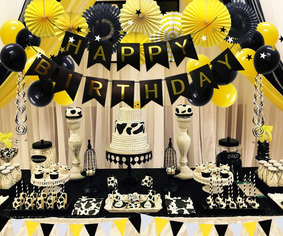 Yellow Black Party Decoration - Happy Birthday Banner with Balloons, Triangular Pennants, Hanging Swirls, Paper Fans, Circle Star Paper Garland for Baby Shower Bumble Bee Theme