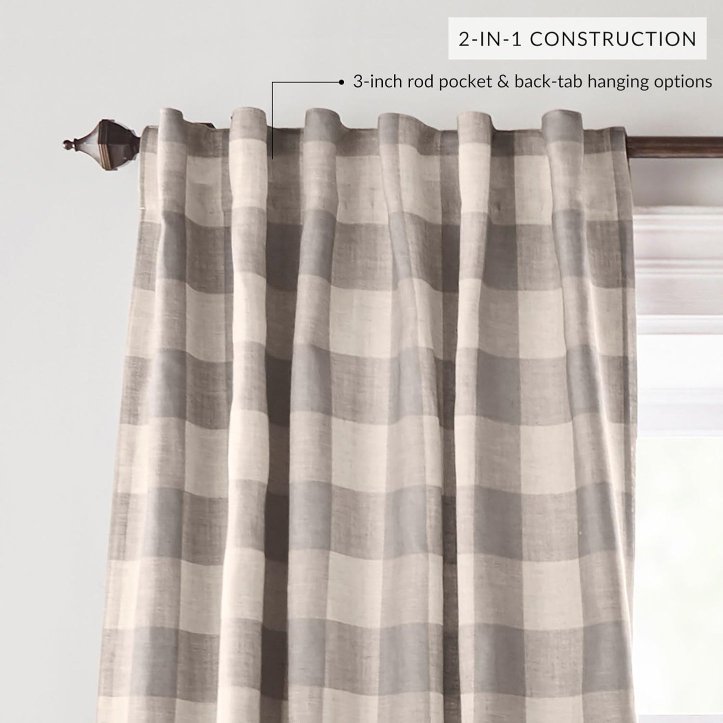 Farmhouse Living Grainger Buffalo-Check Blackout Window Curtain, Living Room and Bedroom Drape with Rod Pocket Tabs, 52" X 84", Grey, 1 Panel
