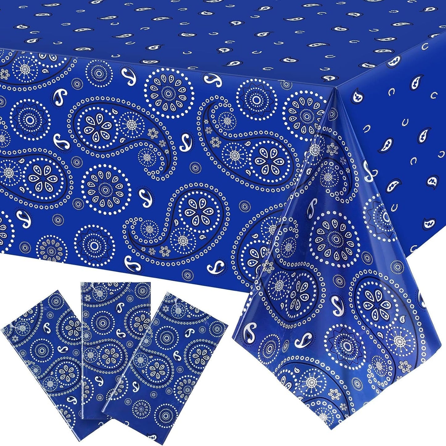 Western Party Tablecloth Paisley Table Cover Bandana Plastic Table Cloth Rectangle Floral Tablecloth for Western Cowboy Themed Party Decorations, 108 X 54 Inches (Blue, 3 Pack)