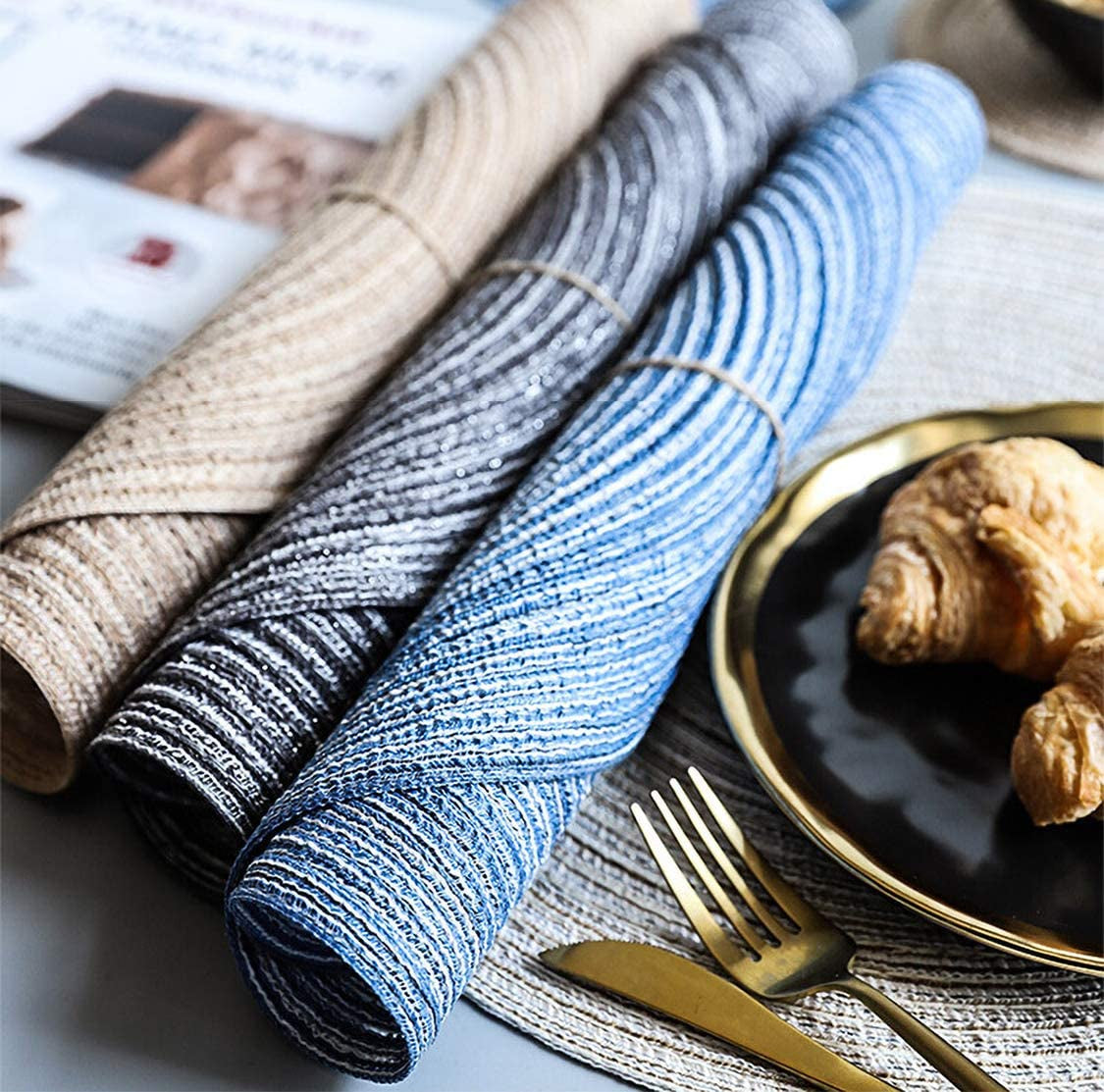 15Inch round Placemats Farmhouse Boho Placemats Cloth Placemat Rustic Woven Placemats for Dining Table Set of 6 Circle Placemats Linen Braided Placemats Washable Outdoor Blue Table Mats