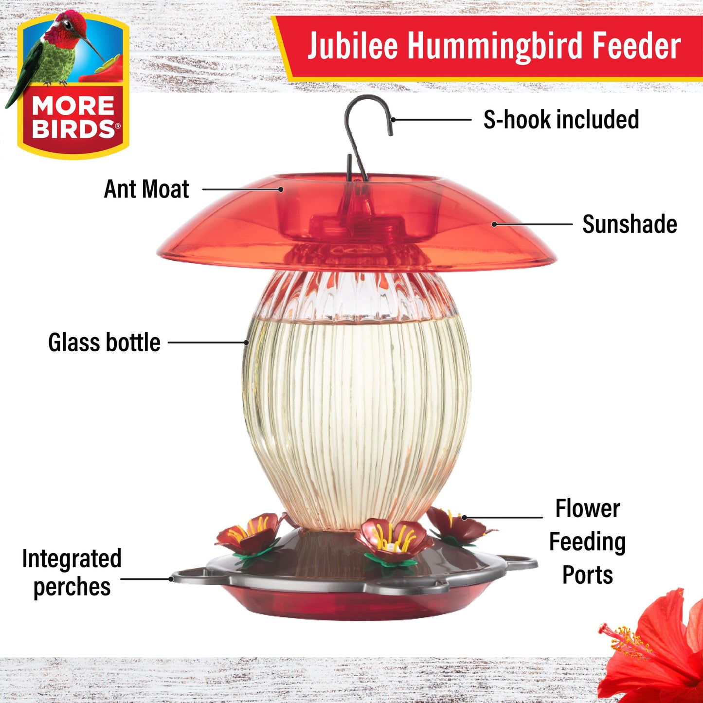 Jubilee Glass Bottle Hummingbird Feeder, 20 Oz Nectar Capacity, Clear
