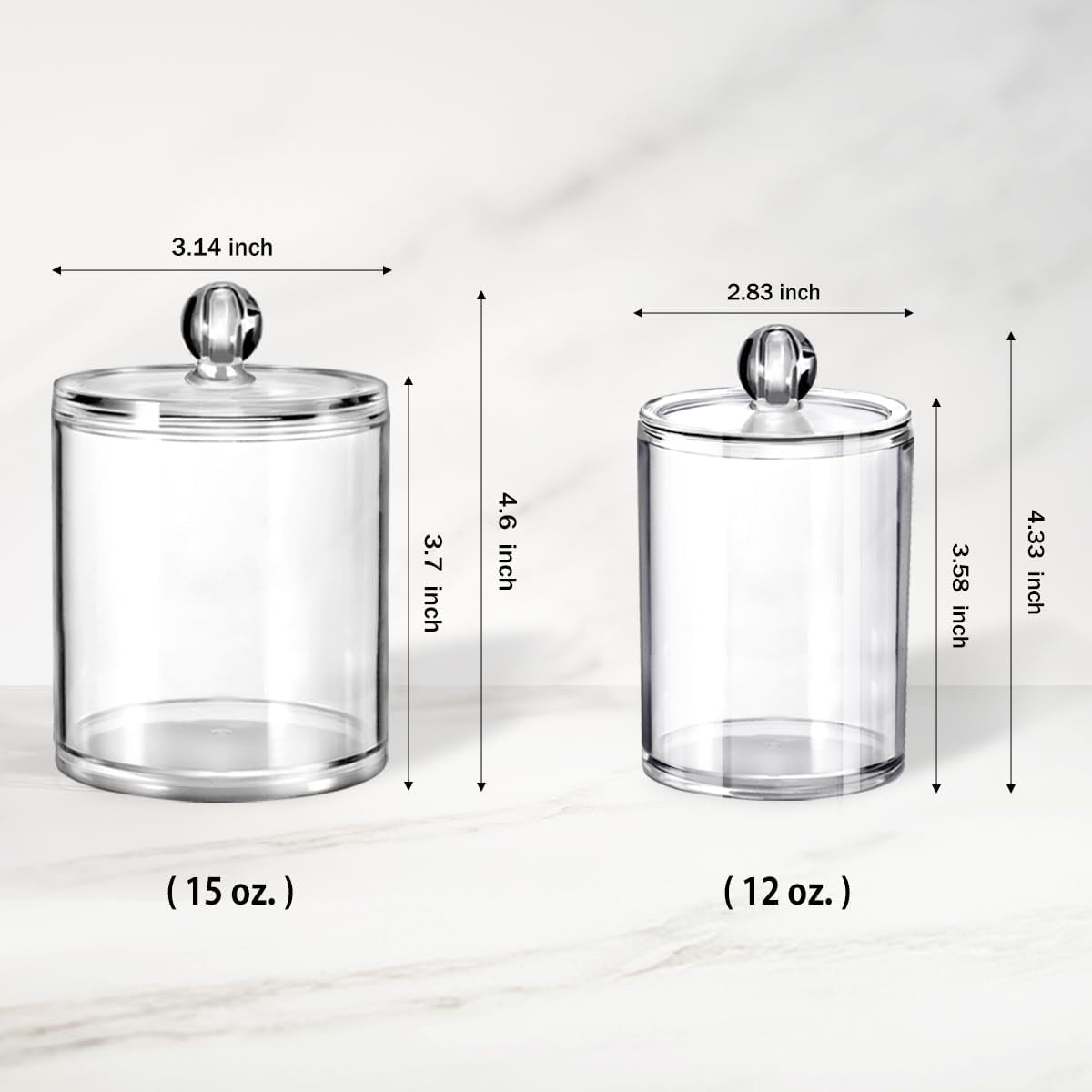 Bathroom Vanity Storage Organizer Canister Holder Apothecary Jars Set for Qtips,Cotton Balls,Swabs,Rounds,Makeup Sponges,Bath Salts,Premium Plastic Acrylic, Clear | 12Oz.And 15Oz.