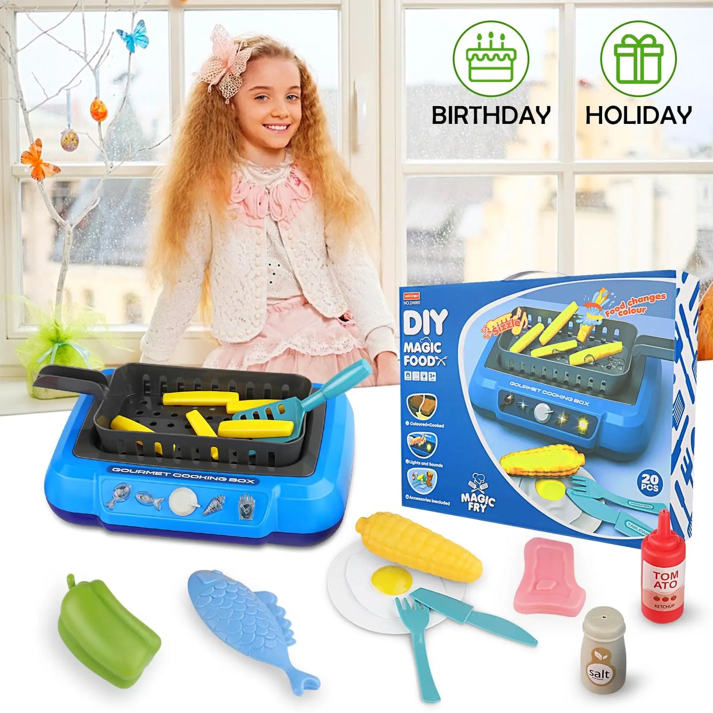 Kitchen Color-Changing Toys Food Gourmet Cooking Box Toy with Light 20PCS Simulation Playset Kitchen Accessories for Kids Gift