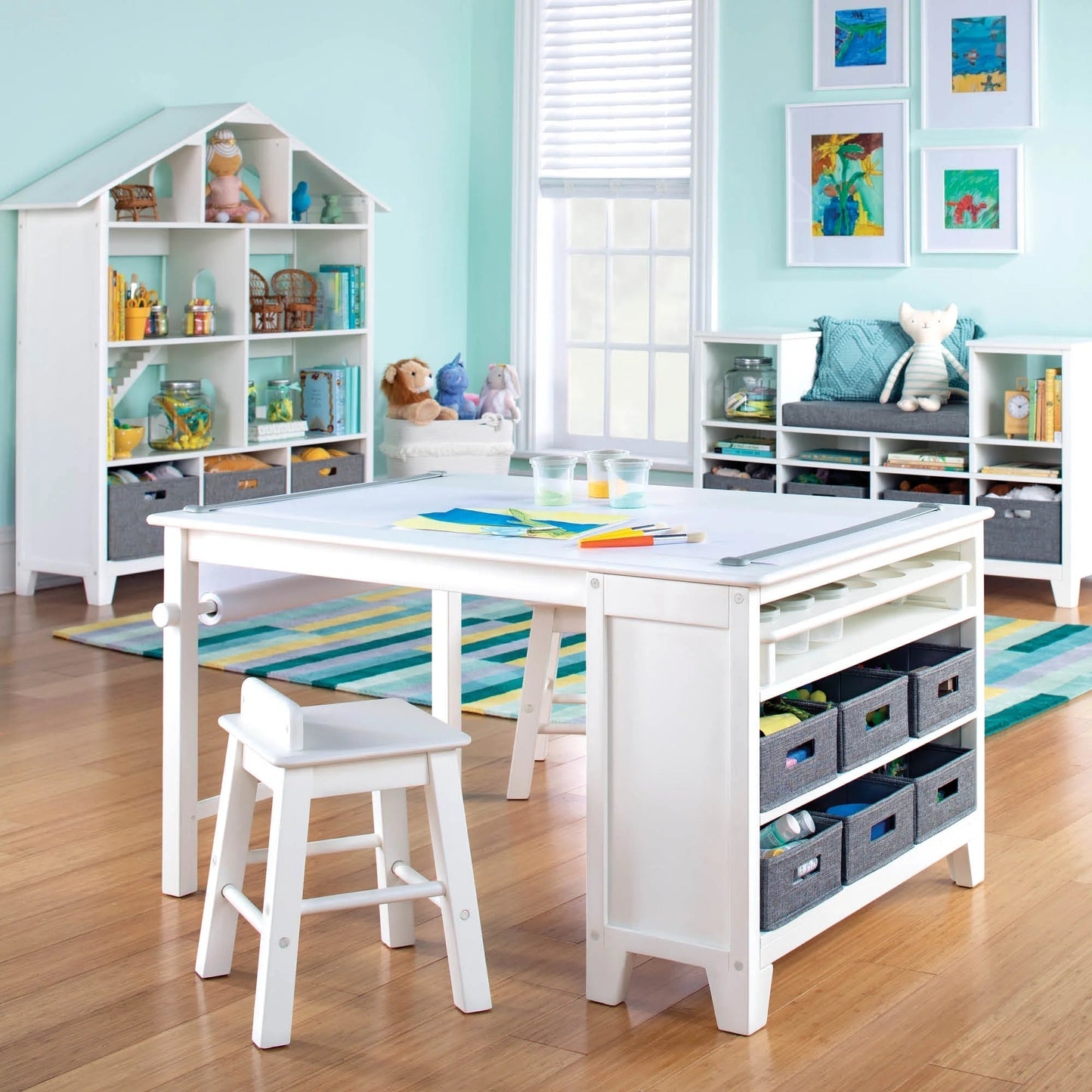 Kids' Art Wooden Table and Stool Set with Paper, Creamy White