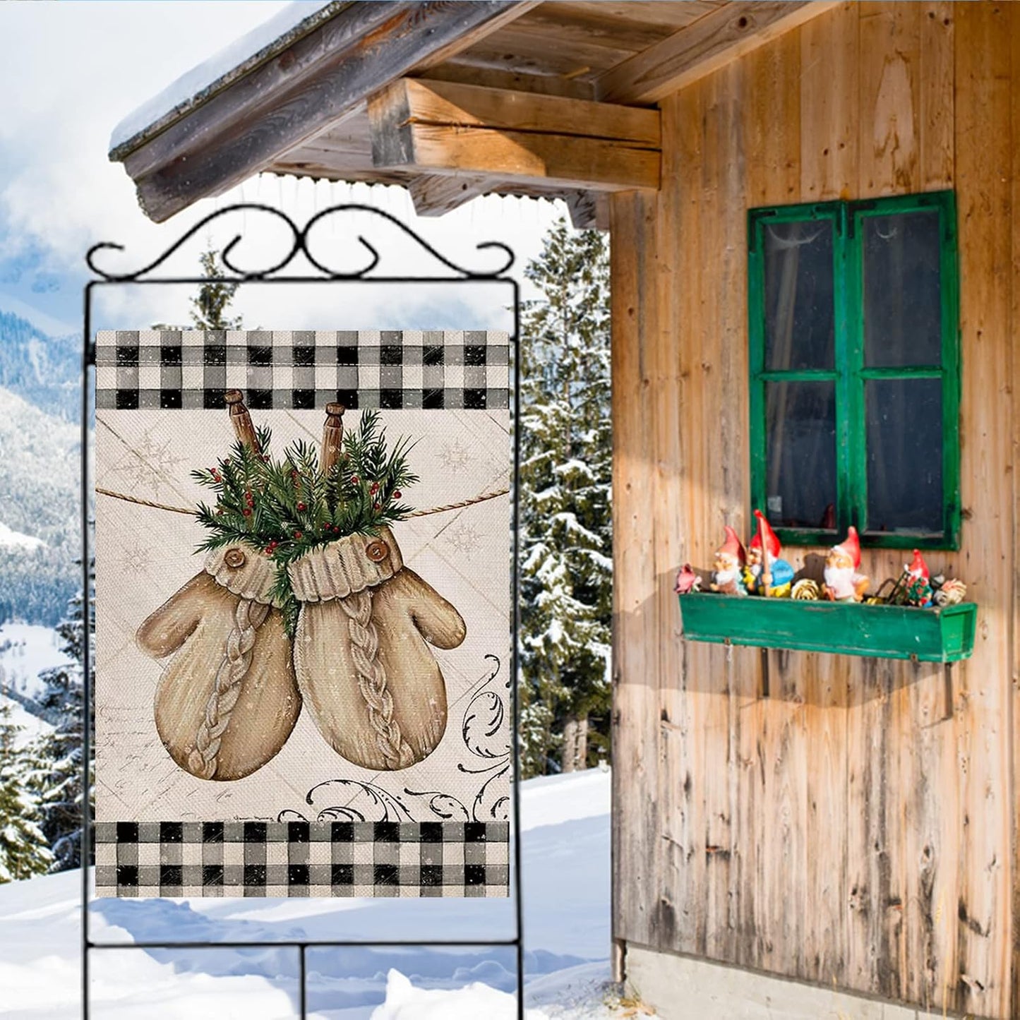 Winter Gloves Home Decorative House Flag Buffalo Plaid Check Farmhouse Garden Yard Outdoor Large Burlap Flag Sign Christmas outside Decoration Xmas Seasonal Decor Double Sided Black White 28X40