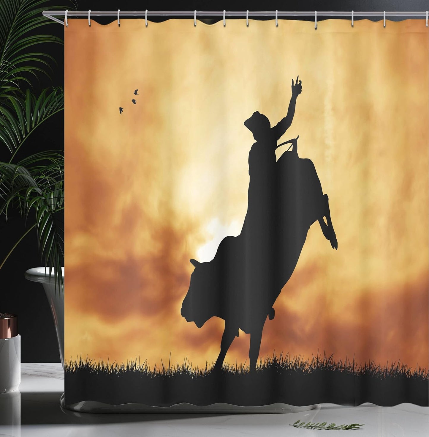 Western Shower Curtain, Bull Rider Silhouette at Sunset Dramatic Sky Rural Countryside Landscape Rodeo, Cloth Fabric Bathroom Decor Set with Hooks, 69" W X 70" L, Amber Black