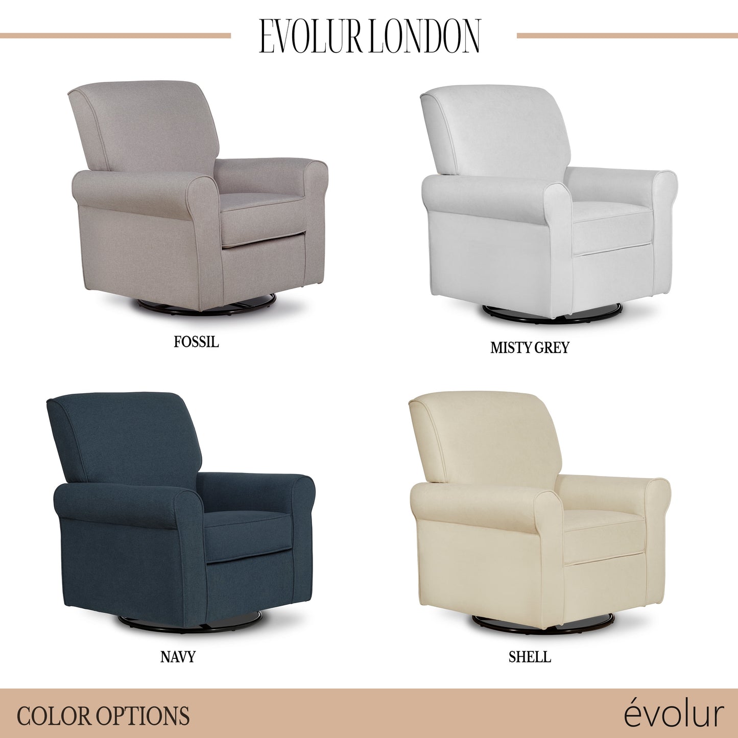 London Upholstered 360 Swivel L Glider I Rocker I Nursery Glider I Durable Soft Fabric in Gray Finish