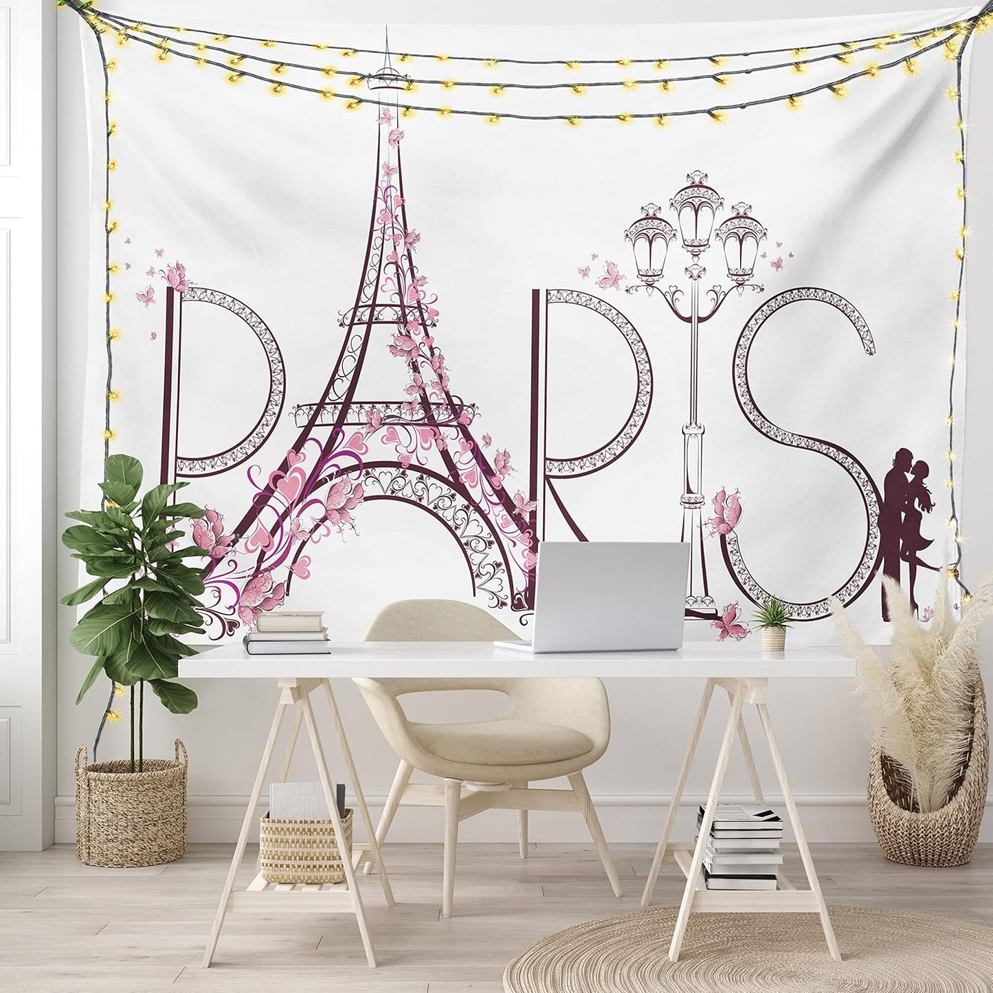 Paris Tapestry King Size, Tower Eiffel Lettering Couple Trip Flowers Floral Design European Print, Wall Hanging Bedspread Bed Cover Wall Decor, King Size, Pink Plum