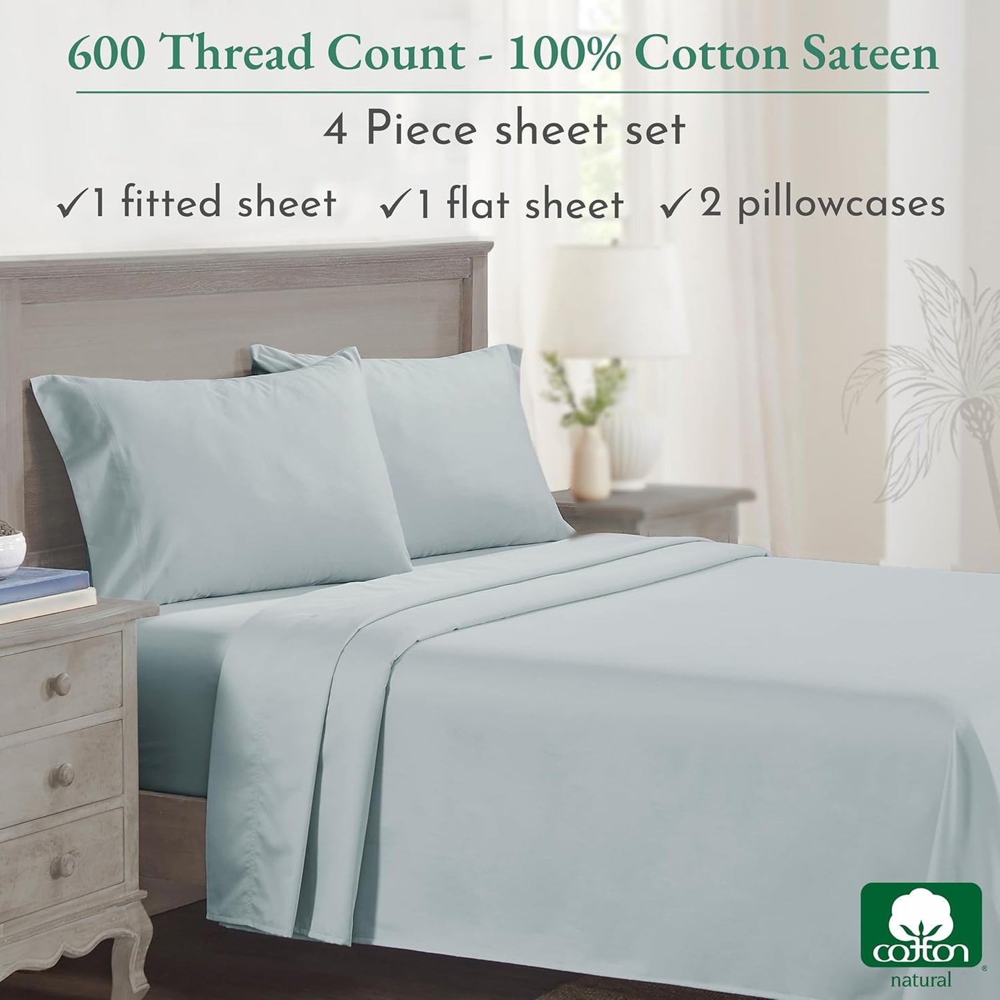 - Luxury Full Size Sheet Set - 100% Cotton, 600 Thread Count Deep Pocket Full Size Bed Sheets, Hotel-Quality Cooling Sheets with Sateen Weave - Seafoam