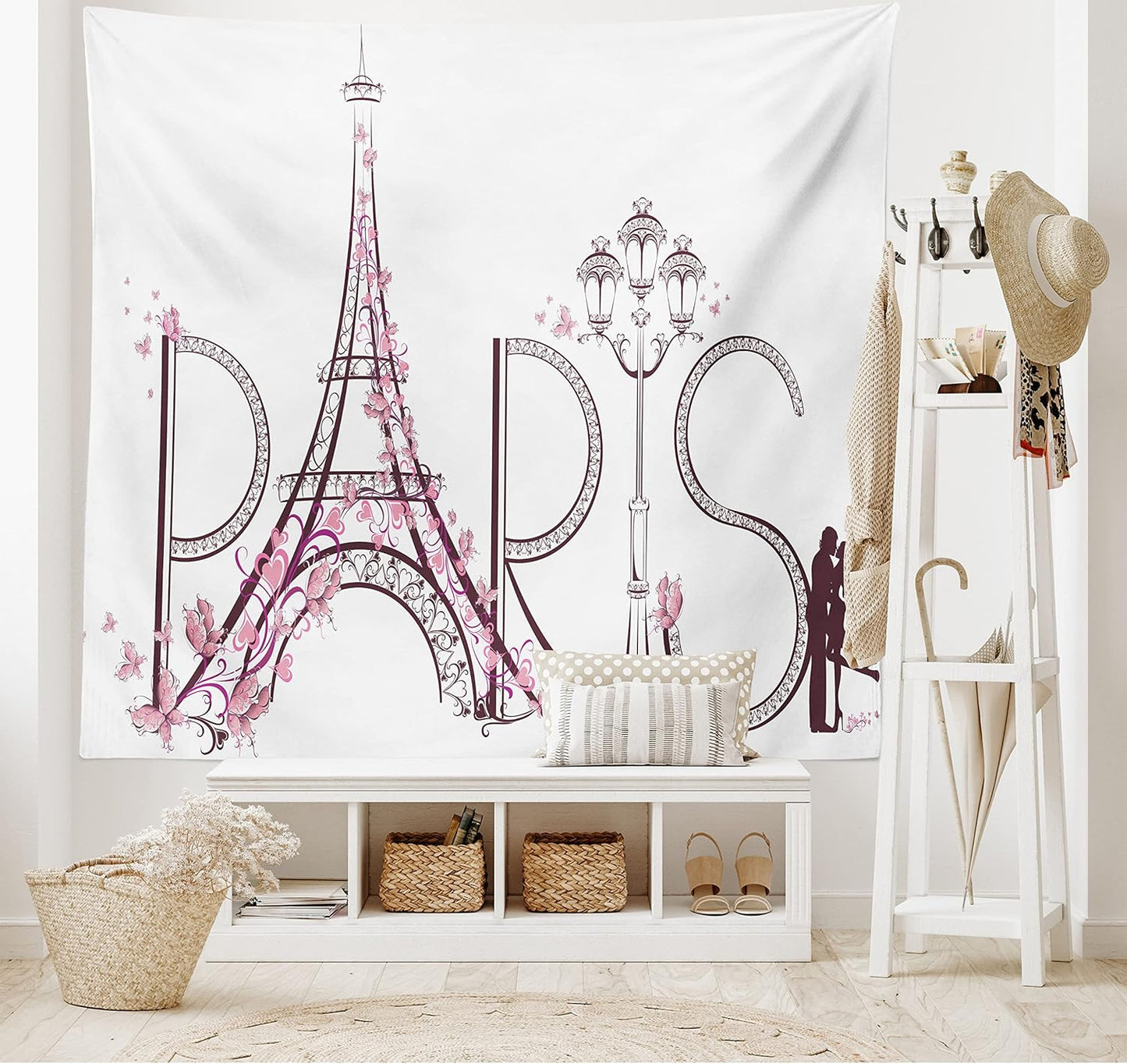 Paris Tapestry King Size, Tower Eiffel Lettering Couple Trip Flowers Floral Design European Print, Wall Hanging Bedspread Bed Cover Wall Decor, King Size, Pink Plum