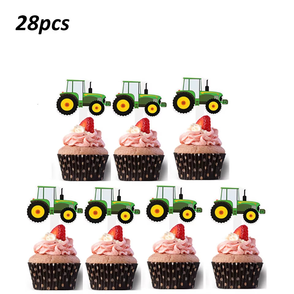 1 Set Farm Tractor Party Happy Birthday Banner Excavator Vehicle Green Theme Balloons Cake Topper Party Decoration