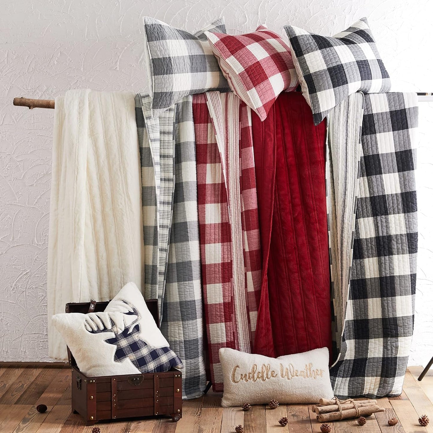 - Camden Quilt Set -Twin Quilt + One Standard Pillow Sham - Buffalo Check in Grey and Cream - Quilt Size (68 X 86 In.) and Pillow Sham Size (26 X 20 In.) - Reversible Pattern - Cotton