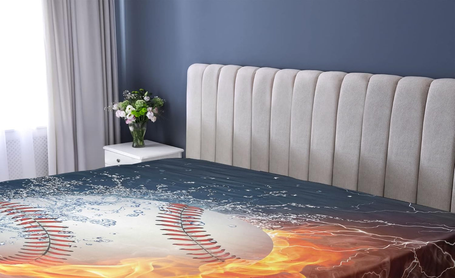 Sports Fitted Sheet, Baseball Ball and Water Splashing Thunder Creative Art Themed Print, Bed Cover with All-Round Elastic Deep Pocket for Comfort, Twin Size, Dark Blue and Burgundy