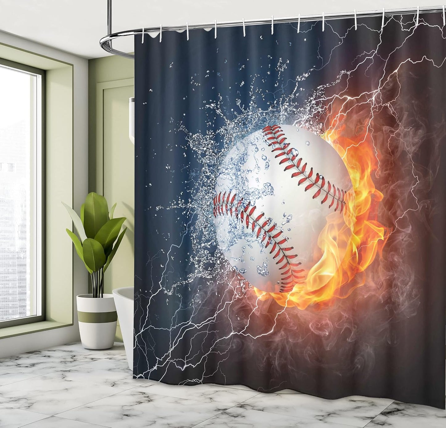 Sports Shower Curtain, Baseball Ball and Water Splashing Thunder Creative Art Themed Print, Cloth Fabric Bathroom Decor Set with Hooks, 69" W X 70" L, Blue and Burgundy