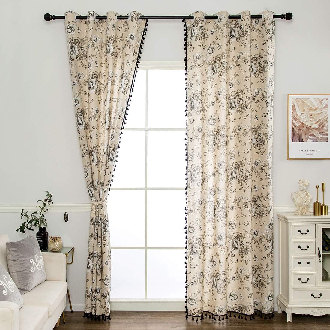 Cotton Linen Floral Window Curtain with Tassels Farmhouse Room Darkening Grommet Curtains for Bedroom Living Room Windows, 1 Panel (Floral,59"X63")