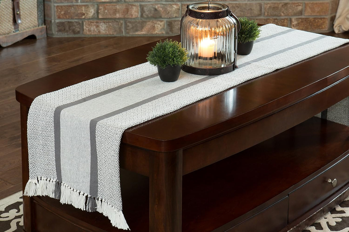 Table Runner Cotton Farmhouse Boho 14X72 In, Table Décor for Kitchen or Dining, Gray Cloth Woven Striped Table Runners