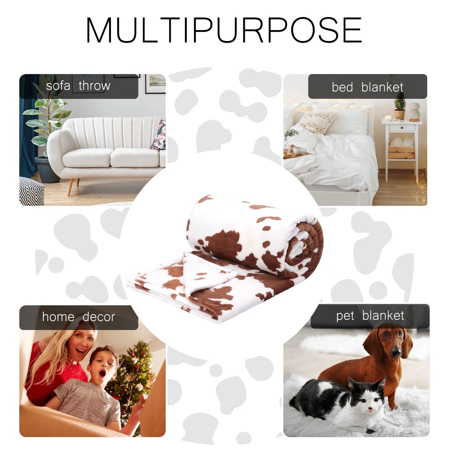 Cow Printed Soft 300GSM Flannel Throw Blanket Sofa Bed Brown 59" X 79"