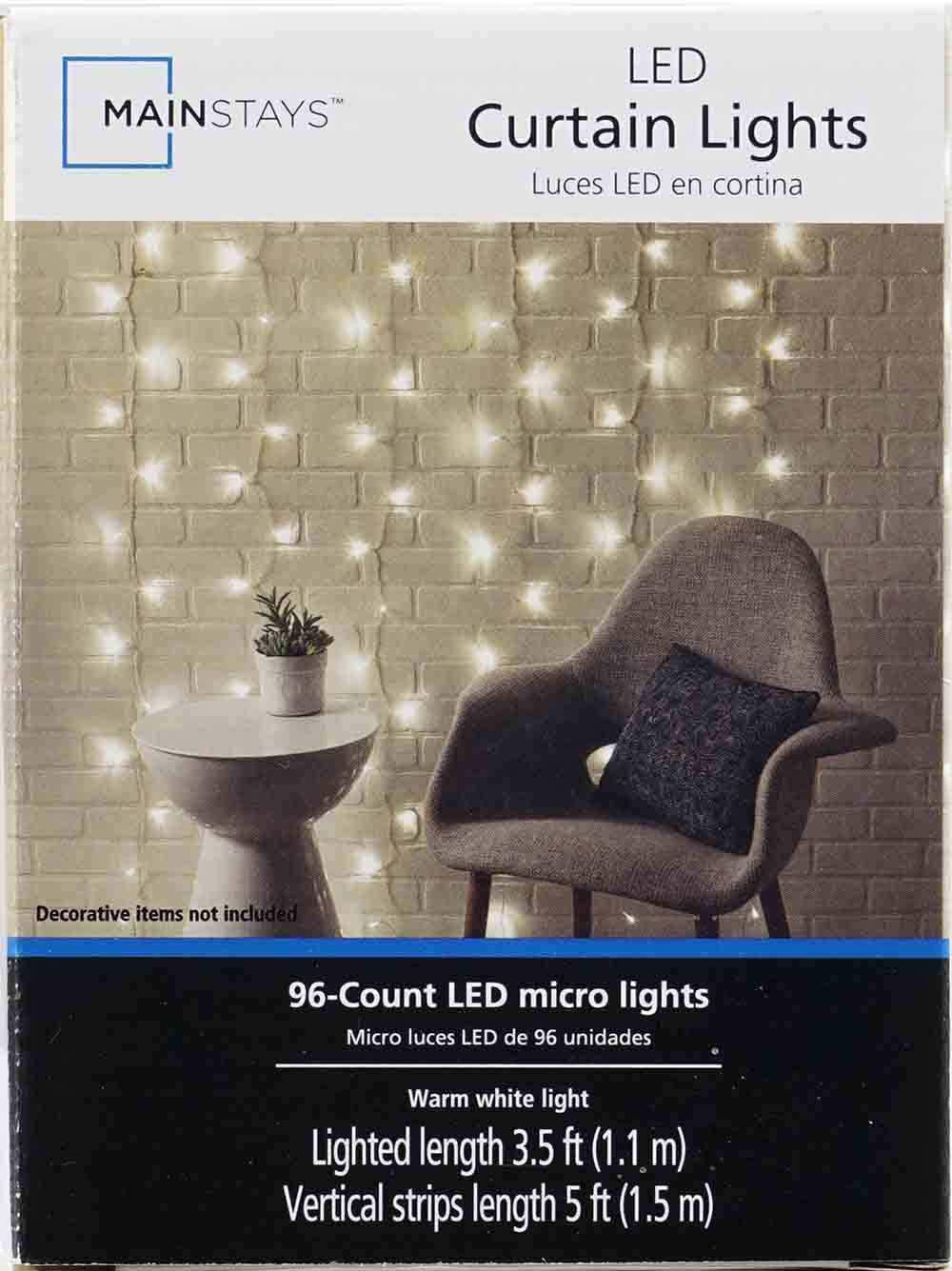 96-Count Indoor Curtain Lights, with Warm White LED Light Bulbs, Corded Electric