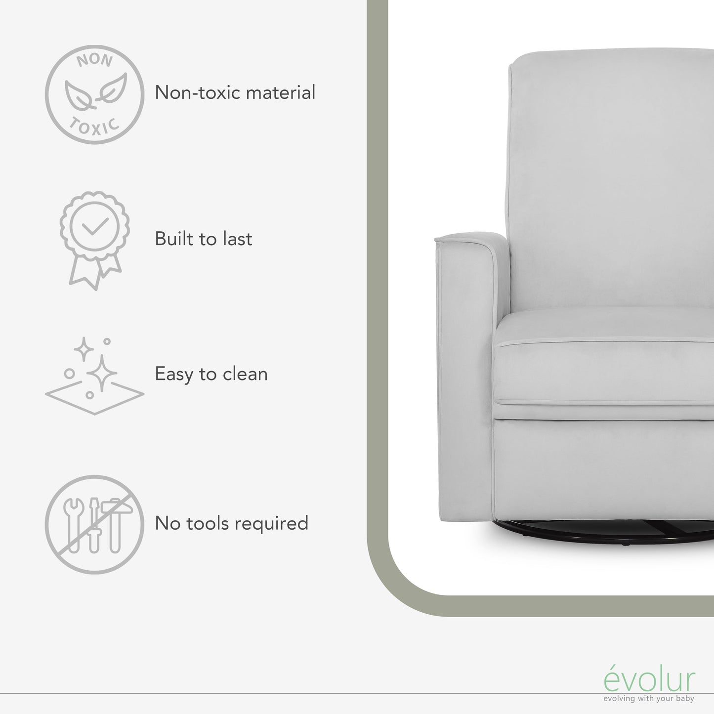 Evolur Harlow Power Recliner Glide Rocker with USB Port, Misty Grey, Greenguard Gold Certified
