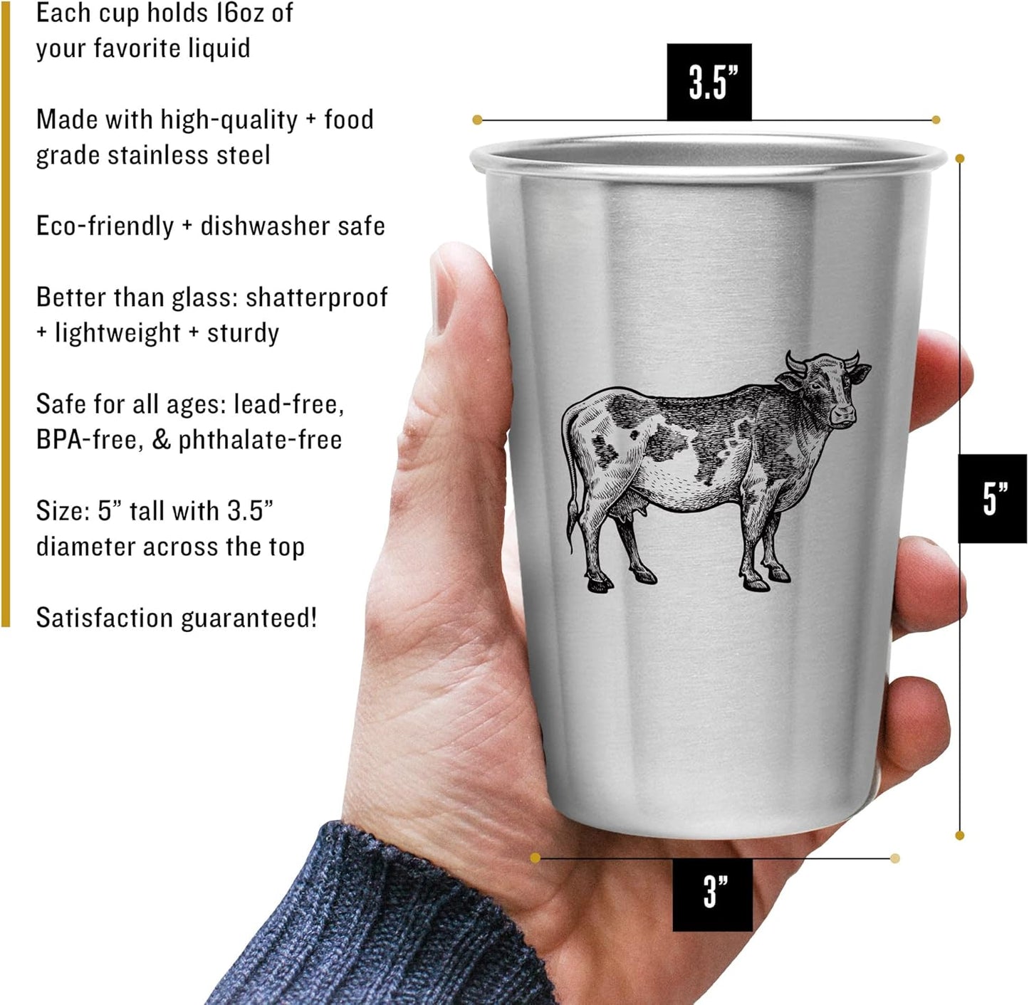 Kid-Proof Cups (Farm Animal Designs) - Set of 4 Stainless Steel Cups (16Oz)