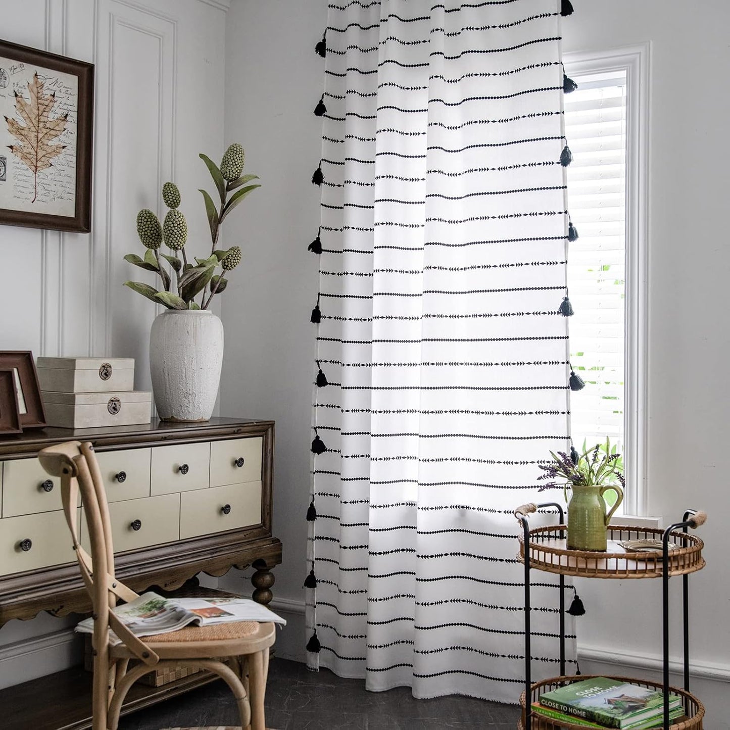 Geometric Striped Semi-Blackout Window Curtains for Living Room Boho Cotton Linen Darkening Curtains with Tassels Rod Pocket Drapes for Bedroom 2 Panels Set (52" W X 84" L, Black/White)