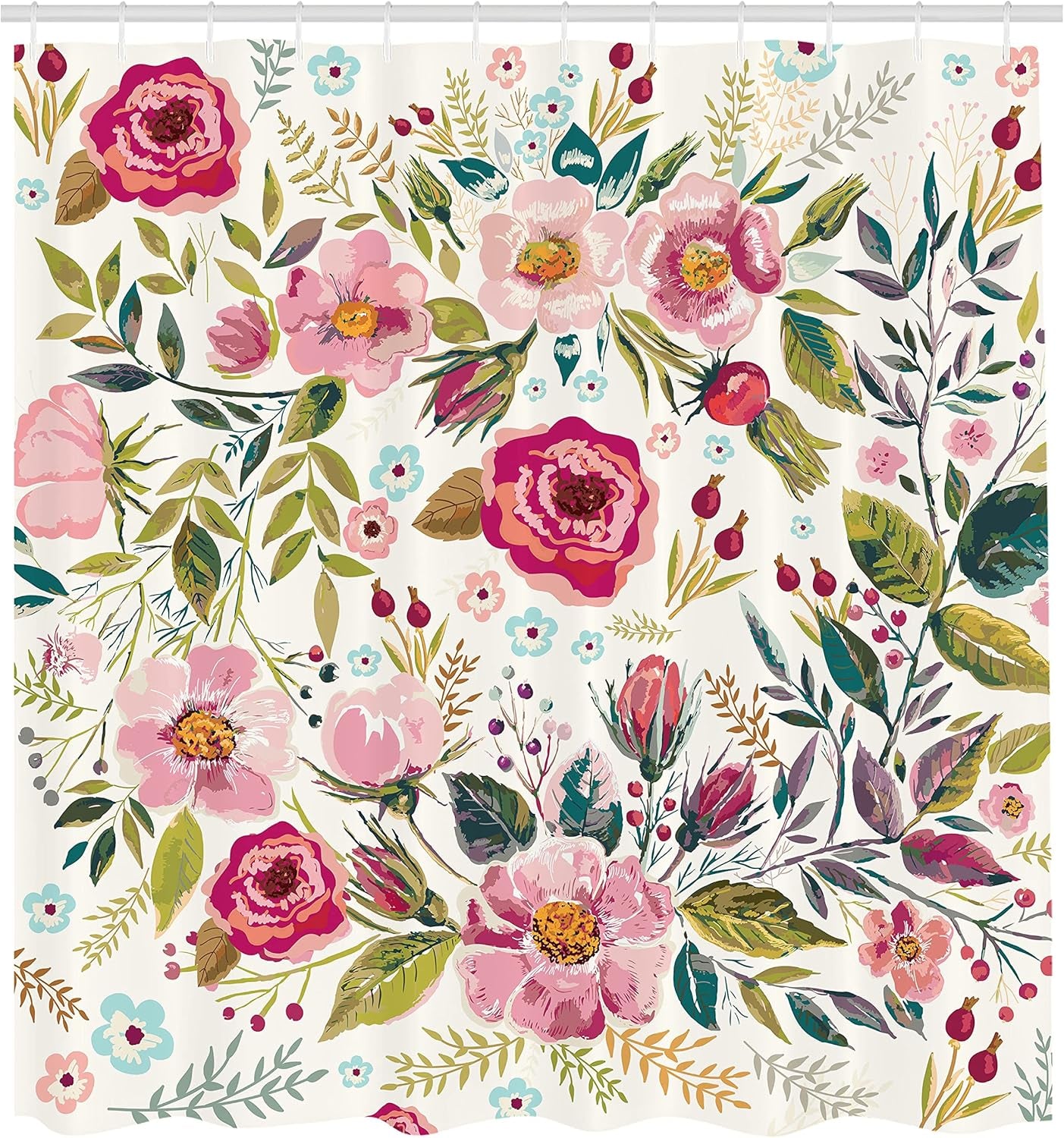 Floral Shower Curtain, Shabby Form Flowers Roses Petals Dots Leaves Buds Spring Season Theme Image, Cloth Fabric Bathroom Decor Set with Hooks, 69" W X 70" L, Magenta
